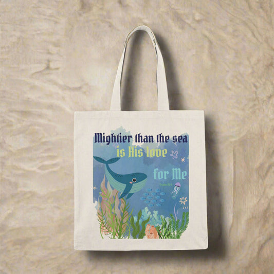 Tote bag with underwater scene and text on a white background