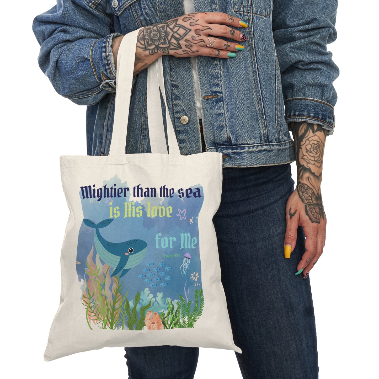 Mightier Than the Waves Christian Tote Bag | Bible Verse Ocean Canvas Bag