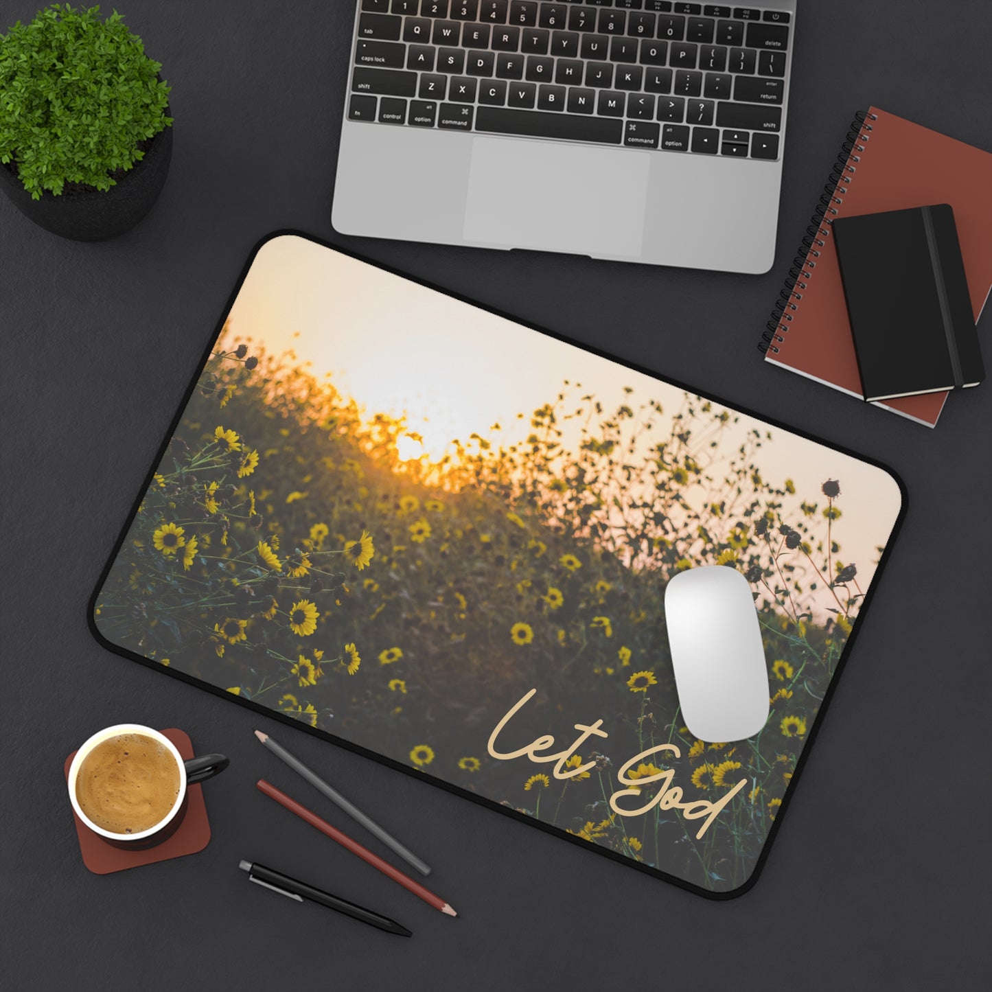 Let God Sunflower Desk Mat – Faith-Inspired Workspace