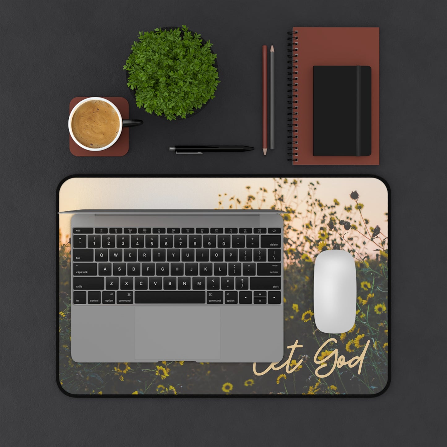 Let God Sunflower Desk Mat – Faith-Inspired Workspace