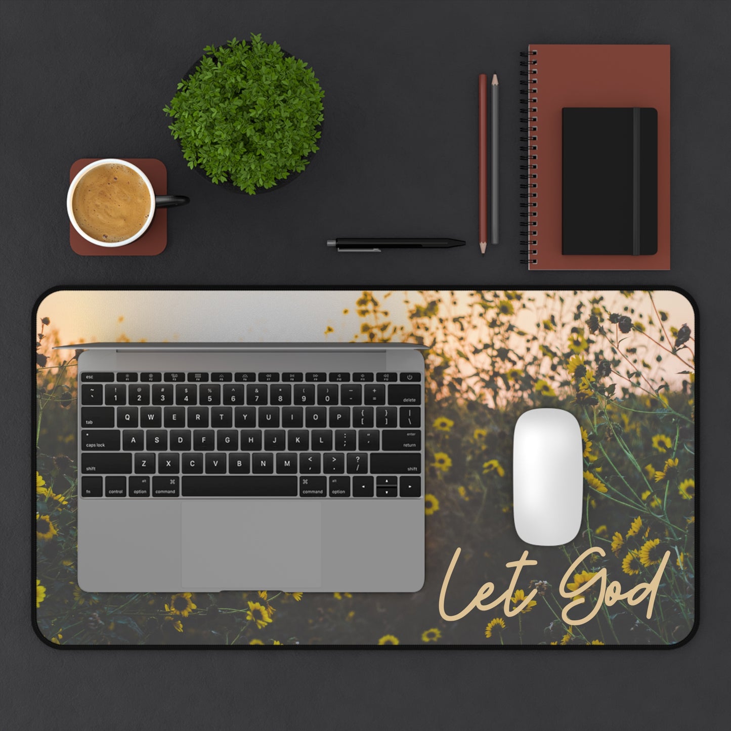 Let God Sunflower Desk Mat – Faith-Inspired Workspace