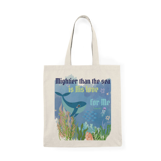 Mightier Than the Waves Christian Tote Bag | Bible Verse Ocean Canvas Bag