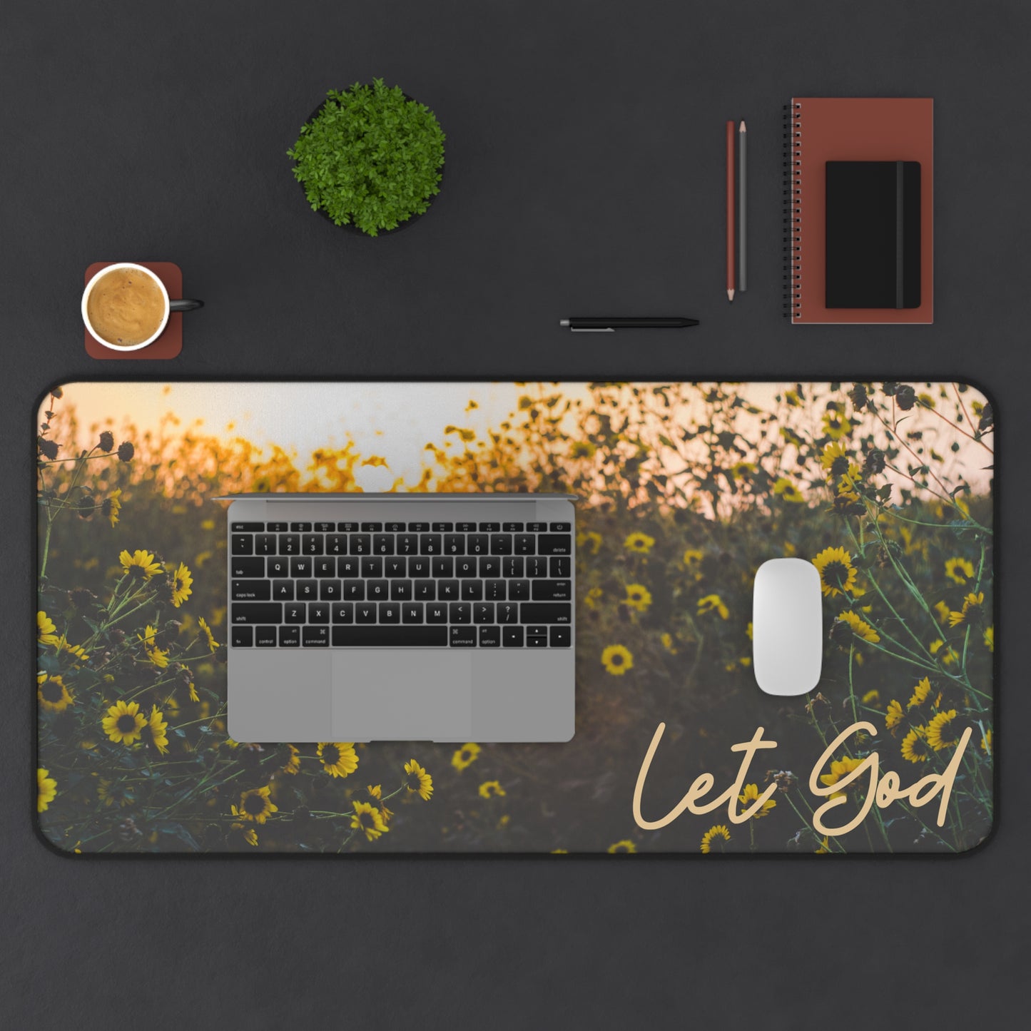 Let God Sunflower Desk Mat – Faith-Inspired Workspace