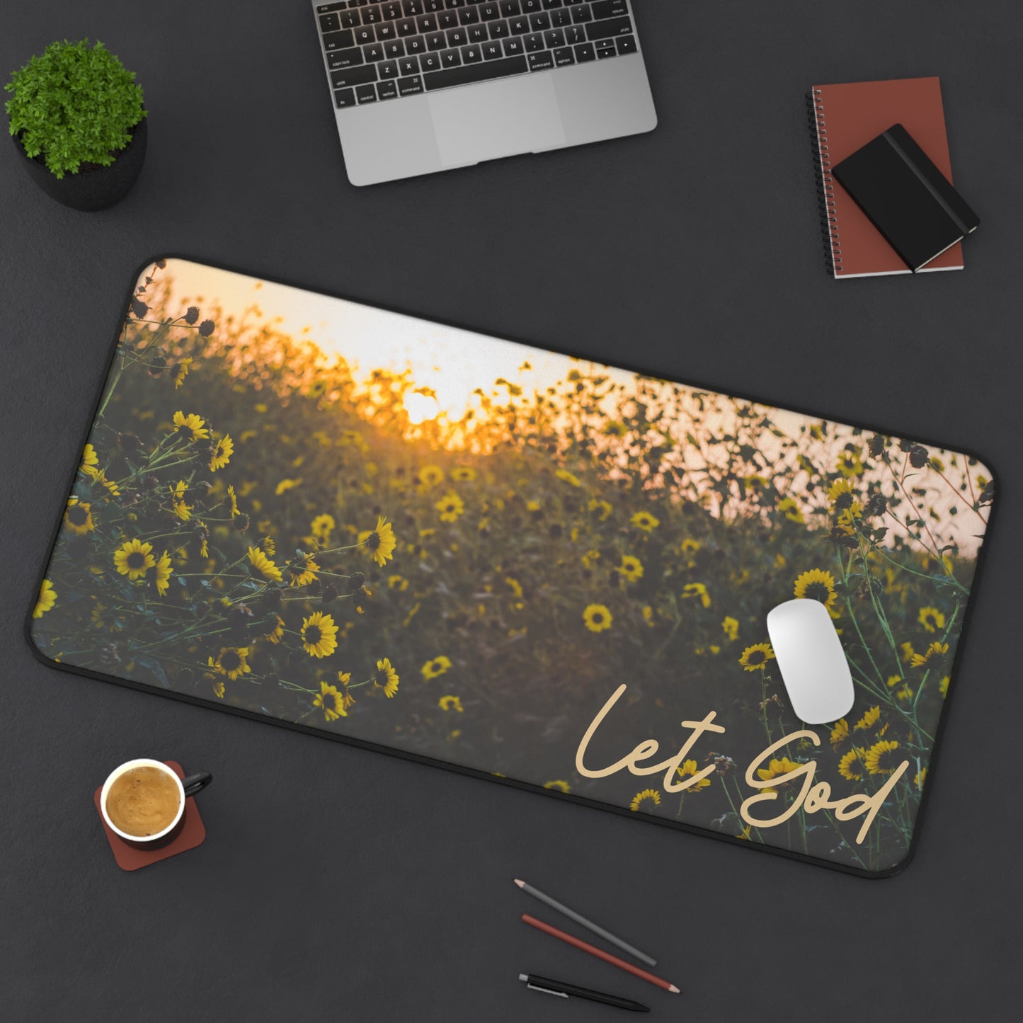 Let God Sunflower Desk Mat – Faith-Inspired Workspace