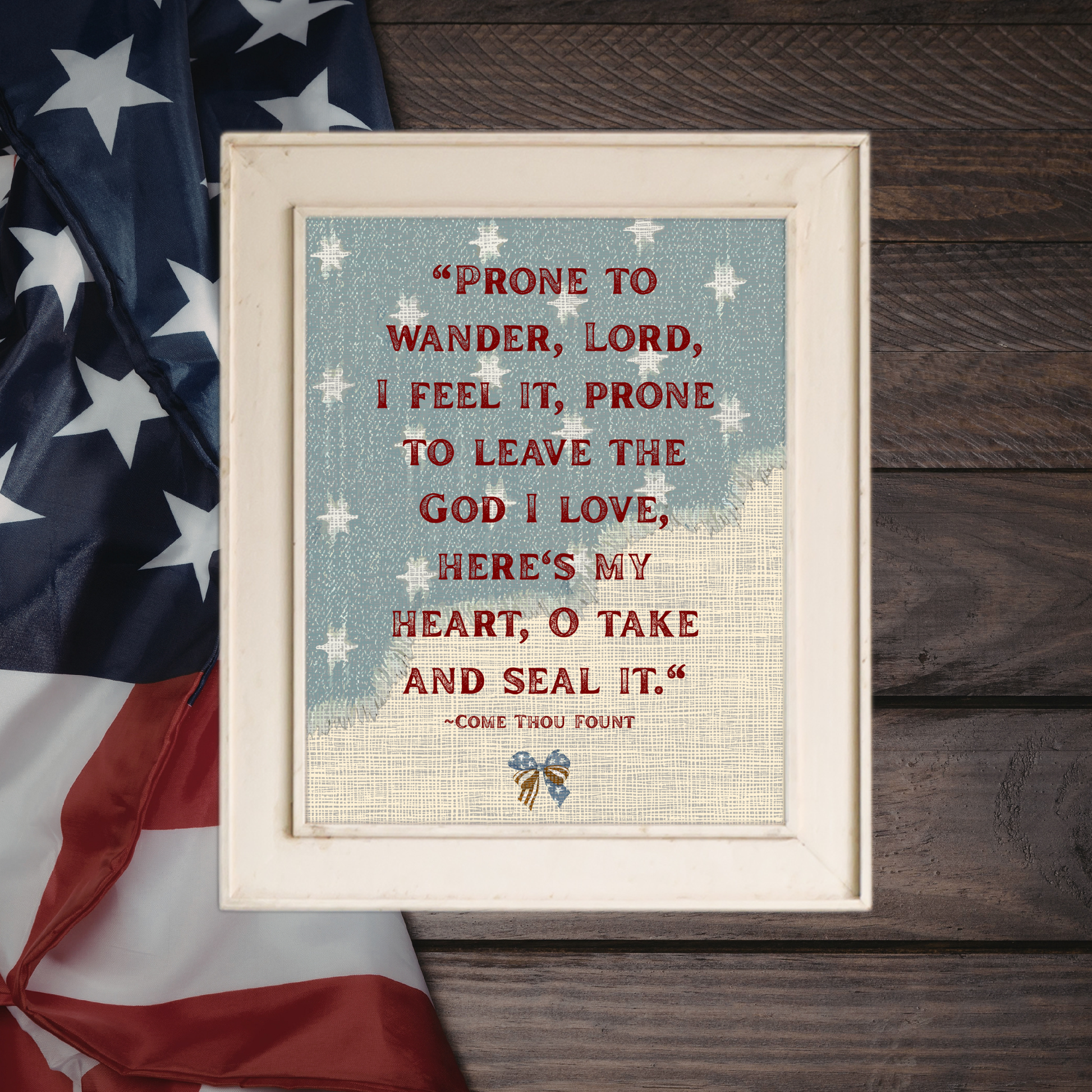 "Come Thou Fount of Every Blessing" Vintage Americana Wall Art shown as a [Stretched Canvas / Unframed Poster] in a rustic farmhouse room setting.