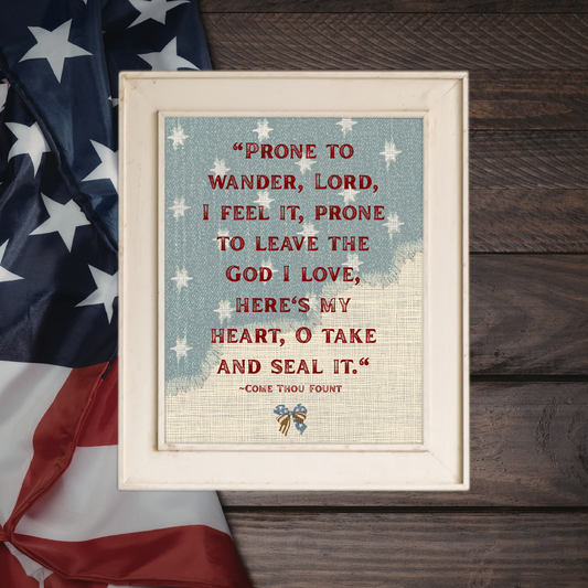 "Come Thou Fount of Every Blessing" Vintage Americana Wall Art shown as a [Stretched Canvas / Unframed Poster] in a rustic farmhouse room setting.