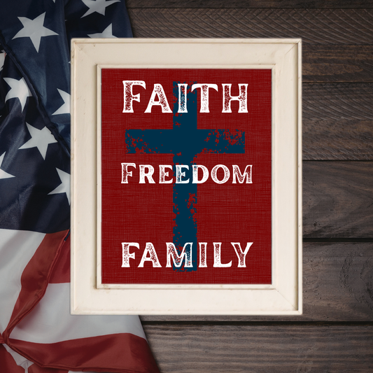 Faith Freedom Family patriotic scripture wall art design featuring a deep brick-red linen background and a subtle cross silhouette.