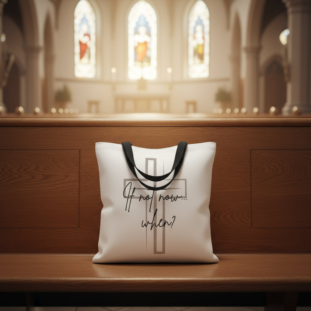 Tote bag with a cross and "If not now...when" printed on the front