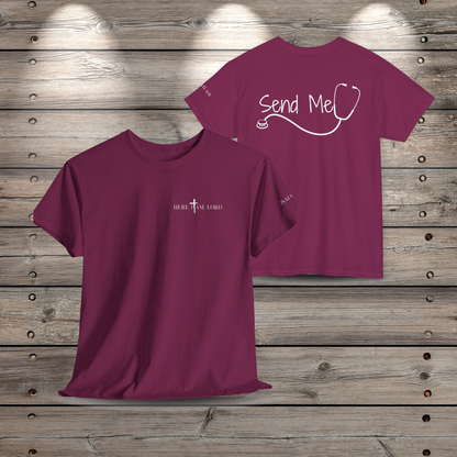 Front and back view of the Berry red Here I Am Lord nurse t-shirt on a rustic wood background. The front features a minimalist left-chest graphic, and the back shows the Send Me text framed by a sleek stethoscope design.