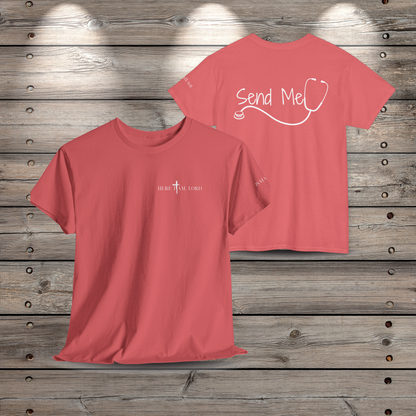 Front and back view of the coral silk Here I Am Lord nurse t-shirt on a rustic wood background. The front features a minimalist left-chest graphic, and the back shows the Send Me text framed by a sleek stethoscope design.