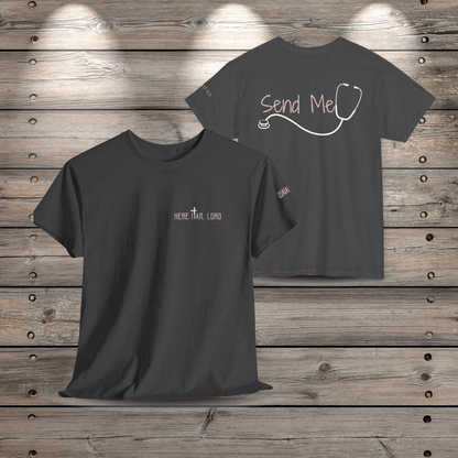 Front and back view of the dark heather gray Here I Am Lord nurse t-shirt on a rustic wood background. The front features a minimalist left-chest graphic, and the back shows the Send Me text framed by a sleek stethoscope design.