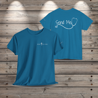 Front and back view of the heather sapphire Here I Am Lord nurse t-shirt on a rustic wood background. The front features a minimalist left-chest graphic, and the back shows the Send Me text framed by a sleek stethoscope design.