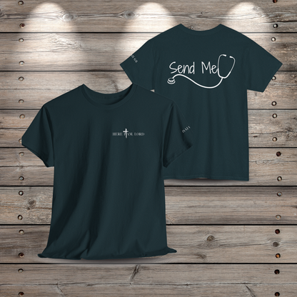 Front and back view of the midnight Here I Am Lord nurse t-shirt on a rustic wood background. The front features a minimalist left-chest graphic, and the back shows the Send Me text framed by a sleek stethoscope design.