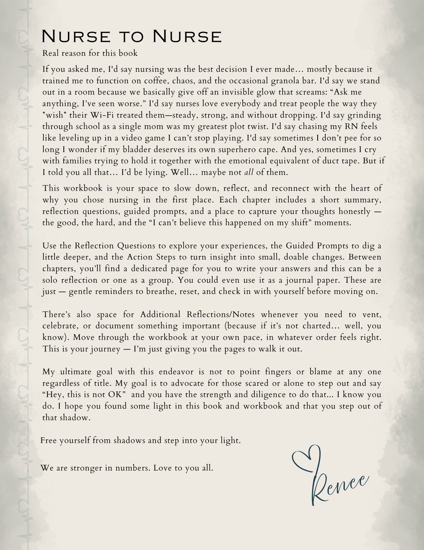 Interior pages of the Nurses in the Shadows nursing workbook for burnout recovery.