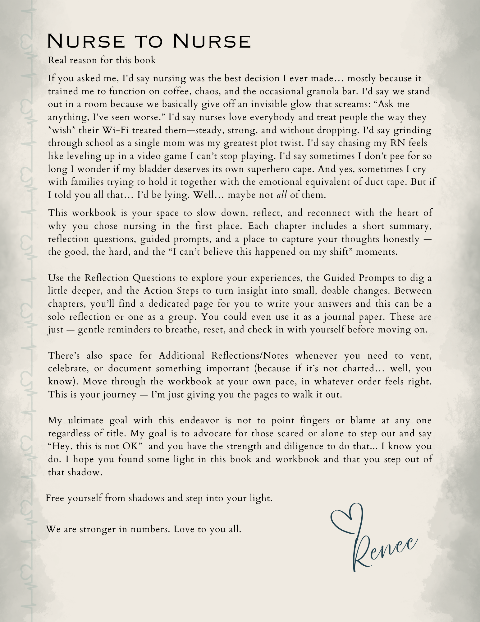 Interior pages of the Nurses in the Shadows nursing workbook for burnout recovery.