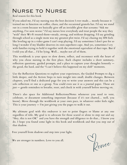 Interior pages of the Nurses in the Shadows nursing workbook for burnout recovery.