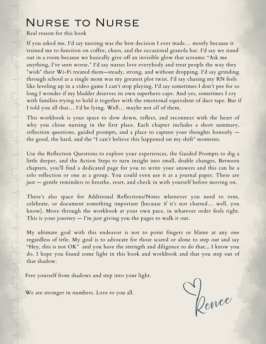 Interior pages of the Nurses in the Shadows nursing workbook for burnout recovery.