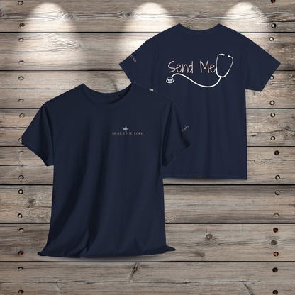 Front and back view of the navy blue Here I Am Lord nurse t-shirt on a rustic wood background. The front features a minimalist left-chest graphic, and the back shows the Send Me text framed by a sleek stethoscope design.